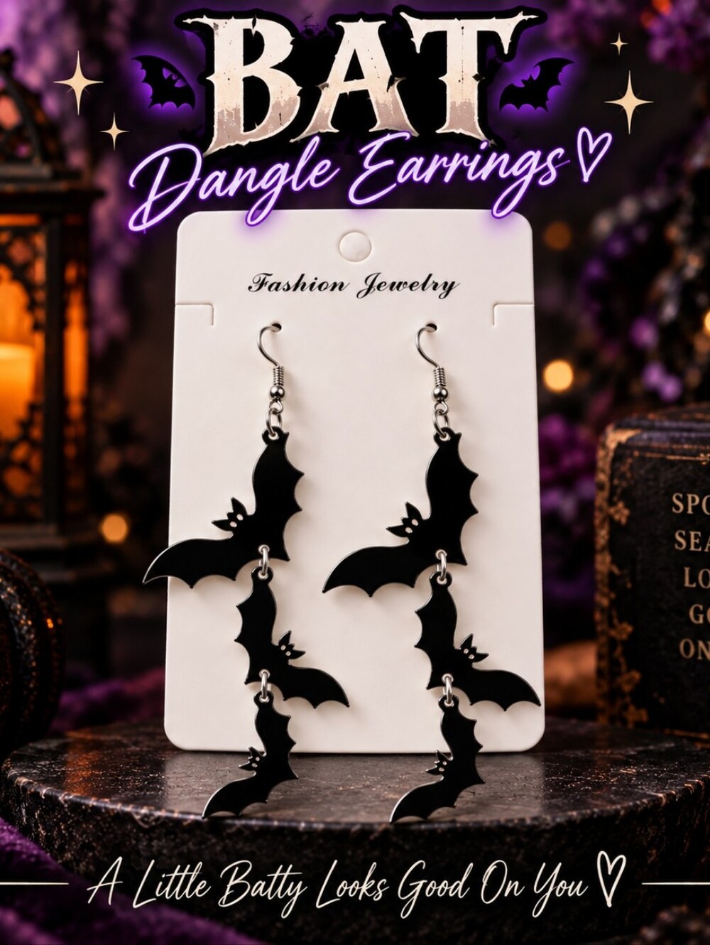 Fashion Jewelry Black Bat Tiered Dangle Earrings